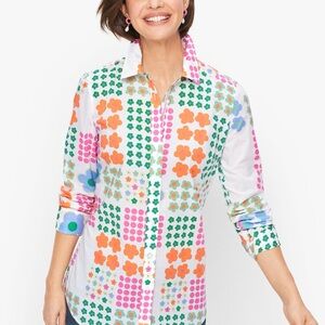 Talbots Multicolor Graphic Floral Dots Cotton Button Down Shirt